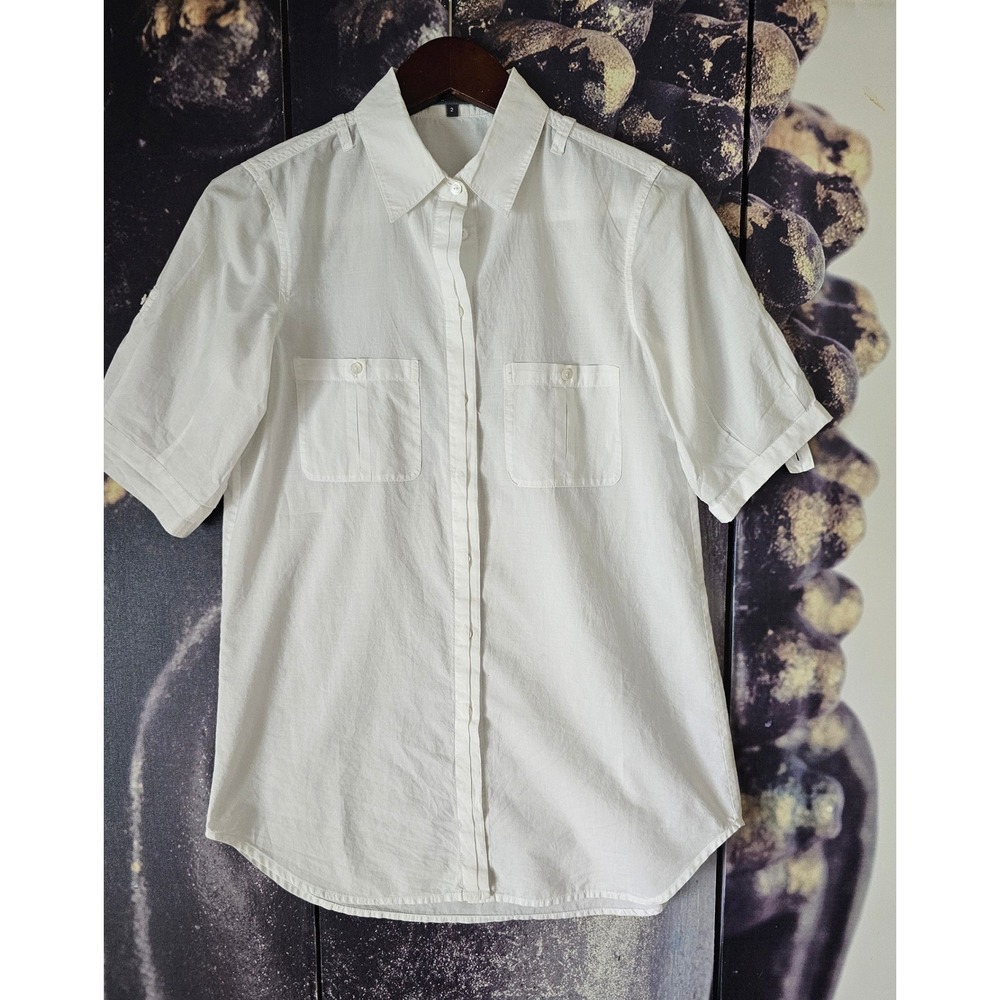 Vince Women's White Cotton Short Sleeve Utility Button Down Shirt Size 2